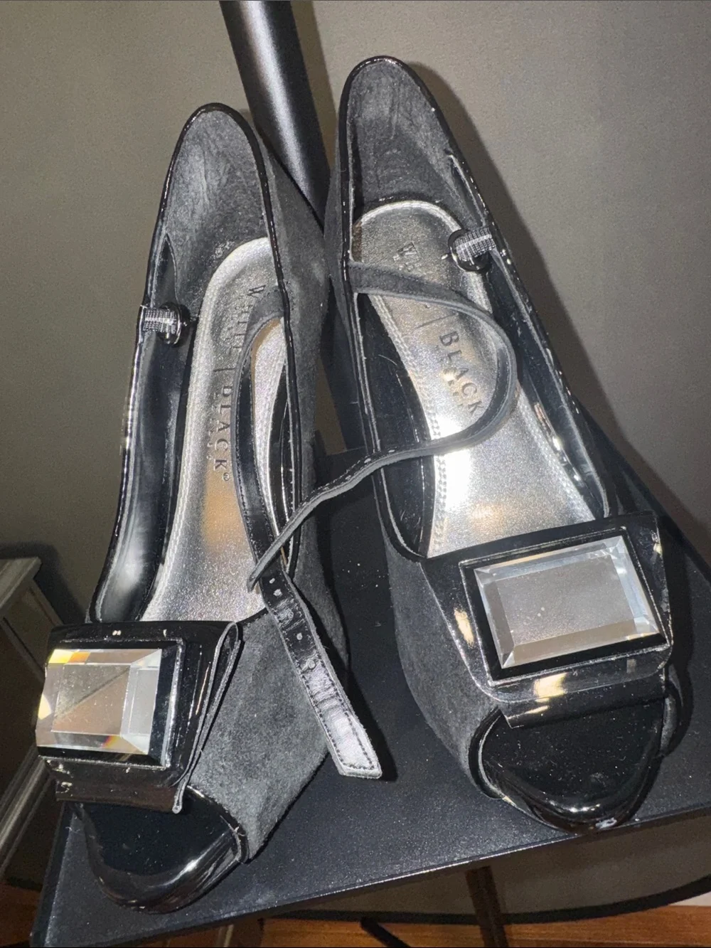 White House Black Market Black Patent Peep-Toe Heels with Faceted Gem